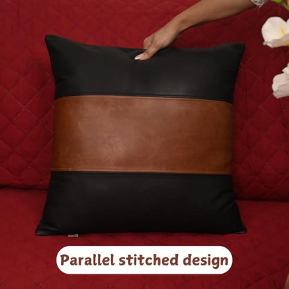 Lambskin Leather Pillow Cover - Sofa Cushion Case - Decorative Throw Covers for Living Room & Bedroom, 18x18 Inches - Black and Tan Crunch Plain Pack of 2
