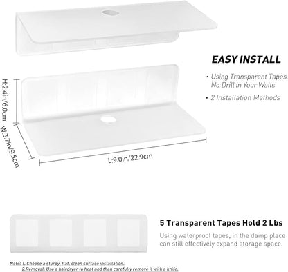 OAPRIRE Acrylic Floating Shelves Set of 2 - Damage Free Expand Wall Space - 9 Inch Adhesive Shelf for Bedroom, Bathroom, Kitchen, Shelves for Wall Decor with Cable Clips (Frosted)