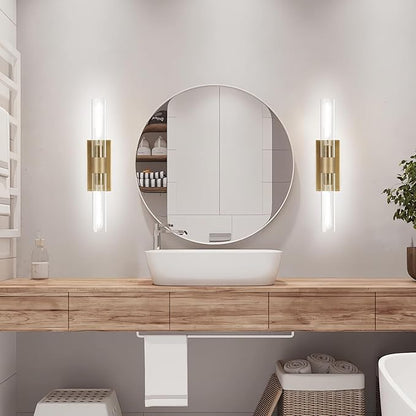 22.8" Knurled Brass Wall Sconces, 2-Light Dimmable Modern Lamp Lighting, Bronze Wall Lighting with Glass, Gold Vanity Light Fixtures Tube Sconce for Bedroom, Living Room, Hallway, Mirror, Kitchen