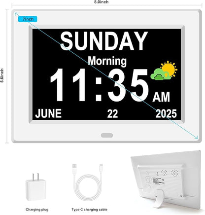 DIWAKREM 7'' Large Display Digital Clock for Seniors, Digital Calendar Alarm Clock for Elderly Clock with Date Day of Week 12 Alarms 4 Colors Desk Wall Clocks for Alzheimers Dementia Auto DST/Dimmer