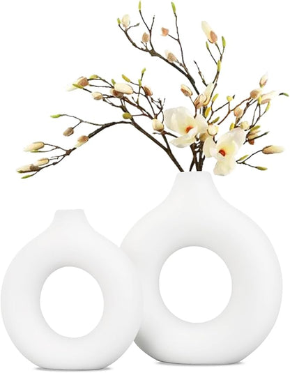 White Ceramic Vase, 2Pcs Round Boho Style Pampas Grass Home Vases, Minimalist Modern Donut Flower Vase for Living Room Office Wedding Coffee Table Decor