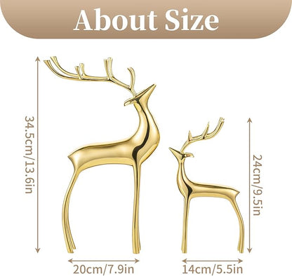 Sziqiqi Reindeer Figurine Statues Deluxe Set of 2, Christmas Deer Pure Copper Heavy Reindeer Ornaments for Home Decor Accents Living Room Office Bookself Tabletop Mantle Christmas Decoration, Gold