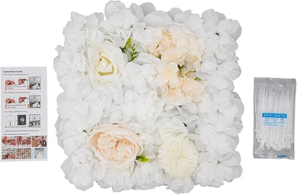 12Pcs Artificial Flower Wall Panel 3D Floral Backdrop Walls15 X 15" Flower Wall Decor Panel Flower Backdrop for Party Home Background Decor, White & Champagne