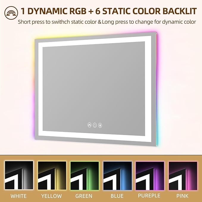 FENCHILIN Vanity Mirror with Lights, 32" x 23" RGB Backlit + Front Lit Large Hollywood Makeup Vanity Mirror LED Strip with 3 Colors Modes Smart Touch for Dressing Room & Bedroom White
