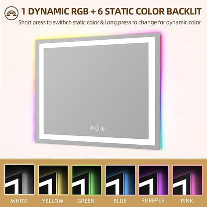 FENCHILIN Vanity Mirror with Lights, 32" x 23" RGB Backlit + Front Lit Large Hollywood Makeup Vanity Mirror LED Strip with 3 Colors Modes Smart Touch for Dressing Room & Bedroom White