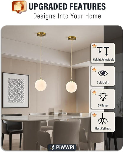 Mid Century Modern Chandelier, 1- Light Globe Glass Ceiling Hanging Chandelier, Glod Pendant Light, White Spherical Blackout Bedside Lamp for Bedroom, Kitchen Island, Dining Room, Living Room