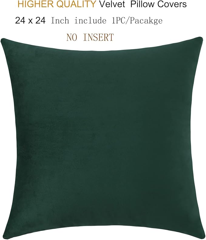 mixeoo Comfy Hunter Green Throw Pillow Covers Christmas Decorative Square Solid Thick Velvet Super Soft Cushion Cases Home Decor for Sofa Couch Living Room Chair, Set of 1, 24 x 24 Inch
