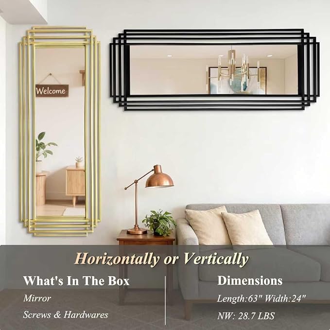 Geometric Mirror with Black Metal Frame, 63"x24" Large Rectangle Art Deco Mirror, Modern Elegant Wall Mirrors for Living Room Bathroom Entryway Hallway, Hangs Vertically or Horizontally