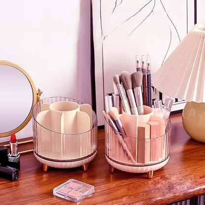 Rotating Desk Organizer with 7 Slots, 360-Degree Pencil Holder, Office Supply Storage for Home, School (Transparent Pink)