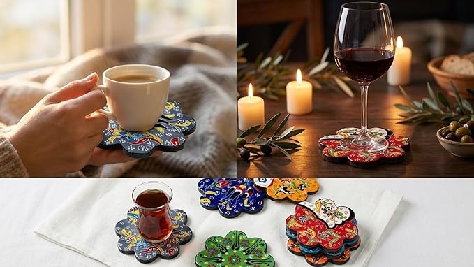 Hand-Painted Turkish Ceramic Coaster Set (6 Pack) – Absorbent, Durable Drink Coasters for Coffee, Tea & Tabletop Protection