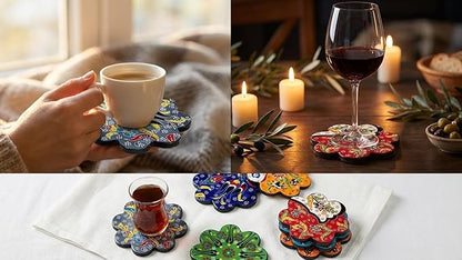 Hand-Painted Turkish Ceramic Coaster Set (6 Pack) – Absorbent, Durable Drink Coasters for Coffee, Tea & Tabletop Protection