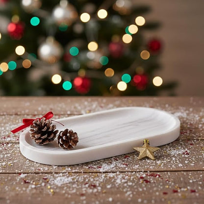 Handcrafted Marble Tray – Bathroom Counter Organizer, Jewelry Tray, Perfume Organizer & Decorative Tray for Vanity Accessories, Coffee Table Decor & Bathroom Countertop (Oval, Mugla White)