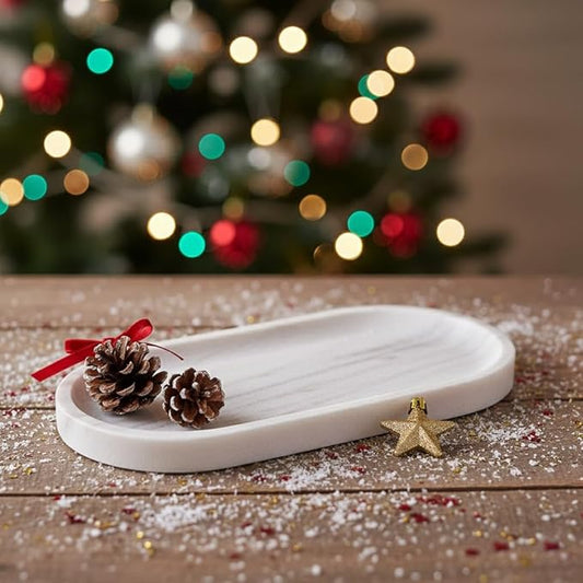 Handcrafted Marble Tray – Bathroom Counter Organizer, Jewelry Tray, Perfume Organizer & Decorative Tray for Vanity Accessories, Coffee Table Decor & Bathroom Countertop (Oval, Mugla White)