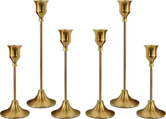 Set of 6 Brass Gold Candle Holders for Taper, Vintage Candlestick Holder Decorative Metal Candle Sticks Home Decor Centerpieces for Table Mantel Festive Decorations