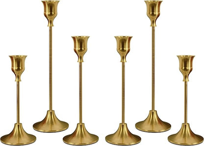 Set of 6 Brass Gold Candle Holders for Taper, Vintage Candlestick Holder Decorative Metal Candle Sticks Home Decor Centerpieces for Table Mantel Festive Decorations