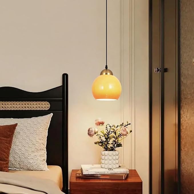 Modern Glass Pendant Light Metal Lamp Body E27 Tri Color Dimming Adjustable Hanging Fixture for Bedroom Bedside Study Minimalist Spherical Design Adaptable Ceilings