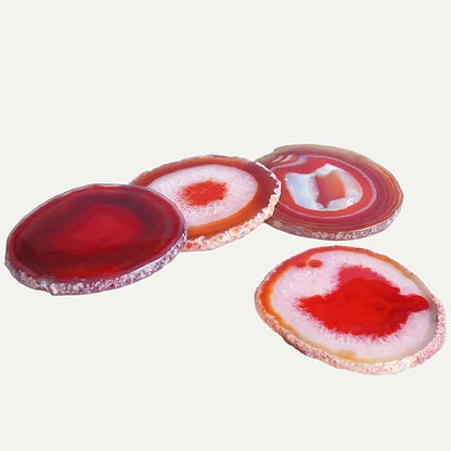 Natural Agate Coasters Set of 4 - Dyed Red Irregular Circle Stone Drink Coasters with Rubber Red 4-5" Unique Home Decor