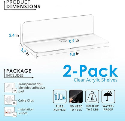 OAPRIRE Clear Acrylic Floating Shelves Set of 2 - Easily Expand Wall Space - Small Wall Shelf with Strong Adhesive for Bathroom, Bedroom, etc