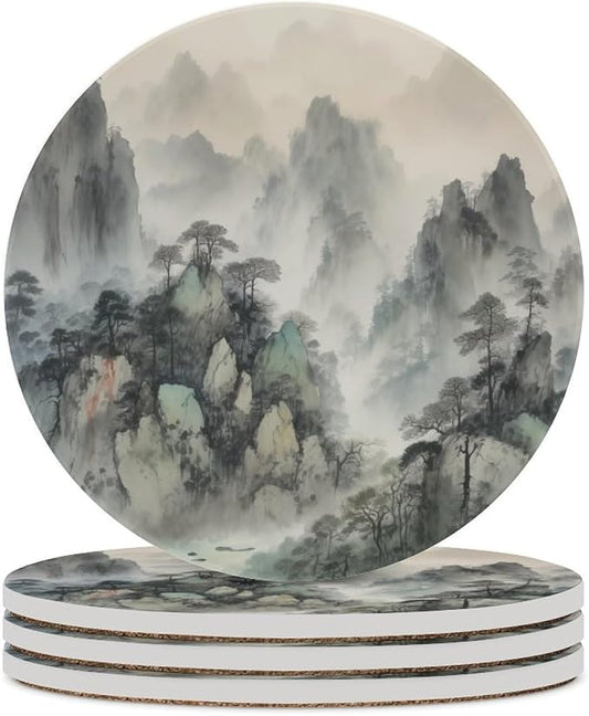 Round-4PCS Forest Drink Coasters,Modern Ceramic Absorbent Coasters, Watercolor Japan China Style Nature Mountain Woodland Green Forest Decor Desk Coffee Table Coaster for Beverage Cup Tea Coasters