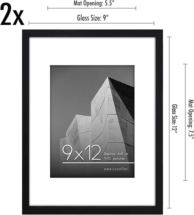 Americanflat 9x12 Picture Frame with Shatter-Resistant Glass - Set of 2 - Use as 6x8 Frame with Mat or Display 9x12 Photo Without Mat - Streamline Collection - Tabletop or Wall Display - Black