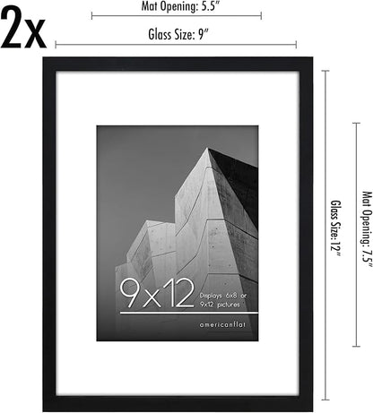 Americanflat 9x12 Picture Frame with Shatter-Resistant Glass - Set of 2 - Use as 6x8 Frame with Mat or Display 9x12 Photo Without Mat - Streamline Collection - Tabletop or Wall Display - Black