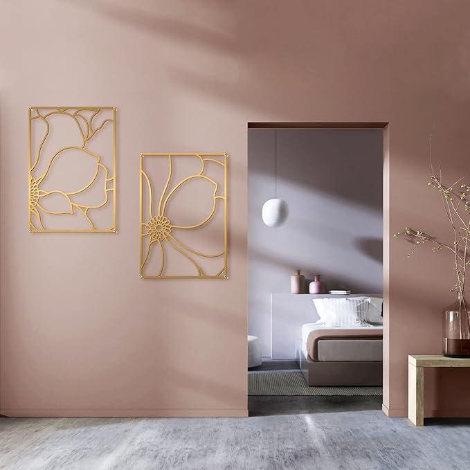Glamativity Large 4 Pack Gold Wall Art, Minimalist Decor, Real Metal, Nature Floral Abstract, for Bedroom, Living Room, Bathroom (Gold Blossom Style, L Size 22.5 x 15.7'')