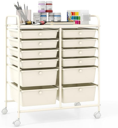 Giantex 12 Drawers Rolling Storage Cart, Classroom Organizers with Wheels for Tools Scrapbook Craft Paper Teacher Office School Supplies (Ivory)