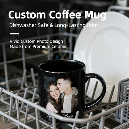 Custom Photo Coffee Mug, Personalized Forever Love Design Ceramic Cup for Anniversary Boyfriend Girlfriend Dishwasher Safe, 11oz (Black)