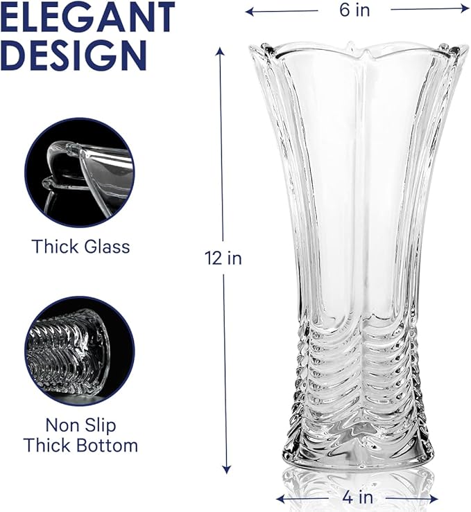 CS Crystal Vase 12-inch high, Water Ripple Design, for Flowers & Decor. Lovely Nice Shiny Piece. Perfect as a Gift, Suitable for All Occasions.