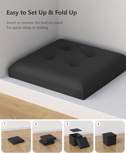 Folding Storage Ottoman Bench, Multi-Functional Ottoman Foot Rest, End of Bed Bench, Storage Chest for Living Room, Bedroom, Hallway, Entryway, Holds Up to 300 lbs (Black, 15 Inches)