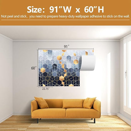 Blue and Gold Geometric Wallpaper Mural for Living Room Bedroom（Not Peel and Stick）