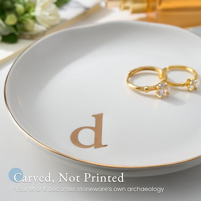 Lolalet Handmade Ceramic Ring Dish Jewelry Tray Plate with Initial, Small Monogram Gift for Her Women Girls Mother, Hostess, Engagement, Bridal Shower, Maid of Honor, Bridesmaid, Birthday, Christmas