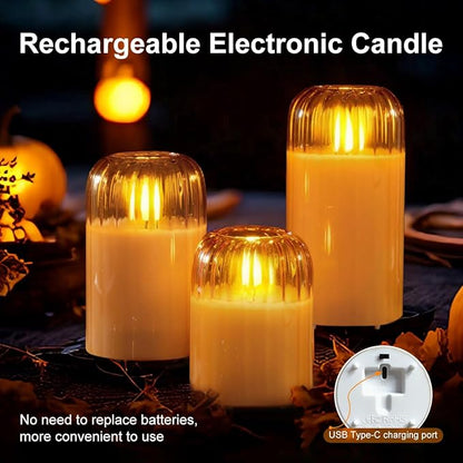 Rechargeable Jar Flameless Candle, Flashing LED Pillar Christmas Candle with Remote Control and Timer, Gold Pumpkin Glass Electronic Candles for Room Decoration, 1 Set of 3