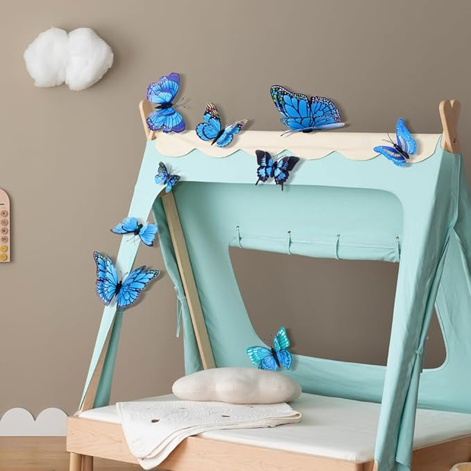 Somotersea 24Pcs 3D Butterfly Wall Decor - Removable Butterfly Decoration for Girls Room & Birthday Party - Blue