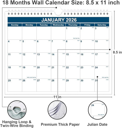 Calendar 2026-2027 - Monthly Wall Calendar from January 2026 - June 2027, Spiral Binding Hanging Wall Calendar 2026 for Home/Office, 8.5" x 11", Blue