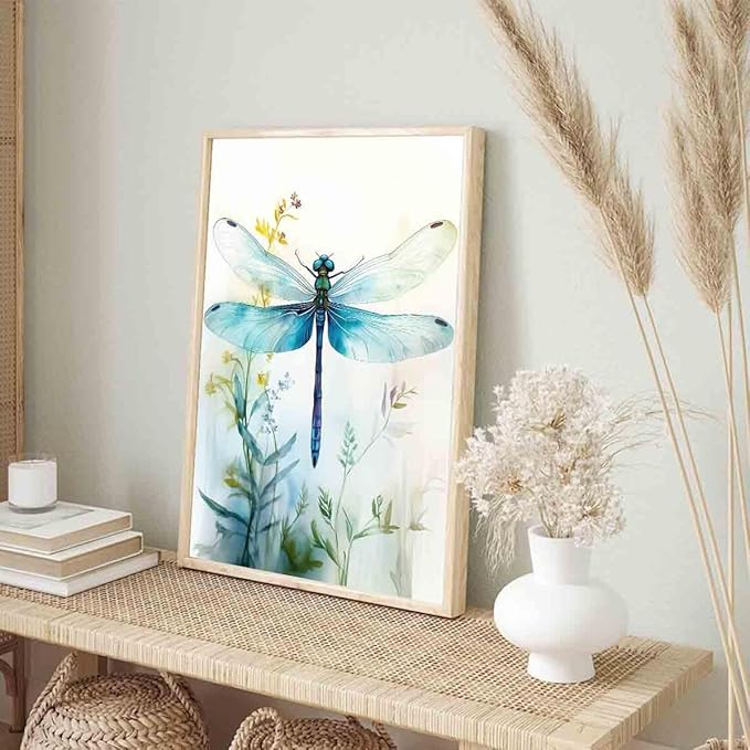Watercolor Dragonfly Canvas Wall Art Teal Dragonfly Picture Animal Paintings Watercolor Insect Poster Vintage Insect Canvas Flowers Picture Retro Abstract Living Room Decor 16x24inch No Frame