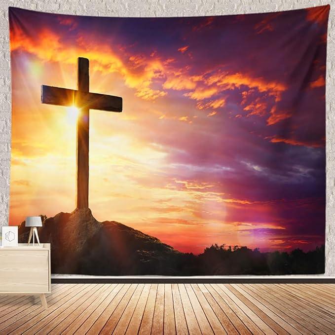 BERRY Jesus Christ Cross Sunrise Tapestry Sunset Sepulcher Lord Pray Easter Crucifixion Religious Belief Wall Hangings Decor Large Tapestry for Bedroom Living Room Dorm College Church Man Cave(80x60
