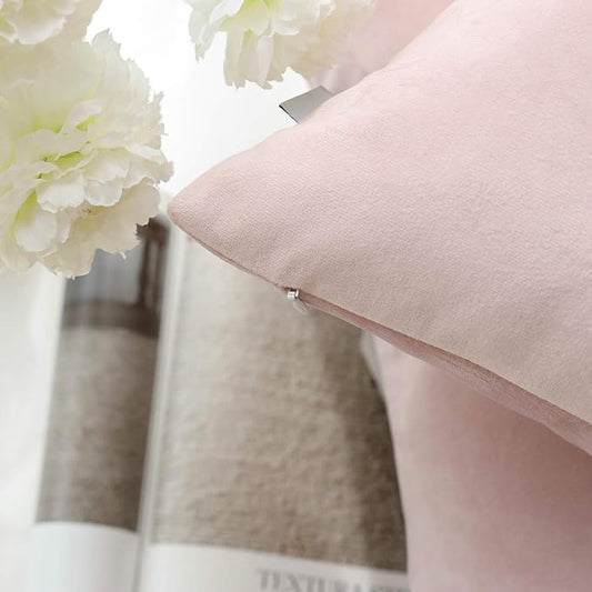 Phantoscope Pack of 2 Velvet Decorative Throw Decorative Pillow Cover Soft Solid Square Cushion Case for Couch Light Pink 18 x 18 inches 45 x 45 cm
