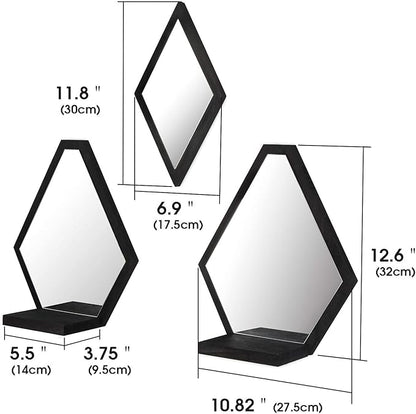 JACKCUBE Design Wall Mount Decorative Mirrors- Set of 3, Geometric Rustic Wood Real Mirror with Shelf for Bedroom, Bathroom, Living Room, Kitchen Wall Art Décor- MK689A