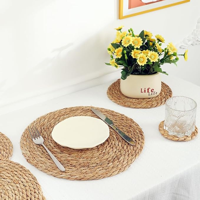 Woven Placemats Set of 4, 12 Inch Rattan Placemats Wicker Place Mats,Natural Farmhouse Jute Braided Table Runner for Kitchen Countertops, Table, Home Decor