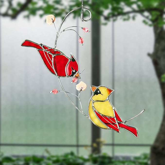 Stained Glass Cardinal Suncatchers for Women Gifts,Male & Female Cardinal Sun Catcher Stained Glass for Window Hangings,Red Birds Sun Catchers for Christmas Dec, Rememberce Gifts for Bird Lovers