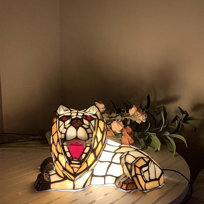 Bieye L10828 Roaring Lion Table Lamp Tiffany Style Stained Glass Accent Night Light for Children's Room Nursery Home Décor