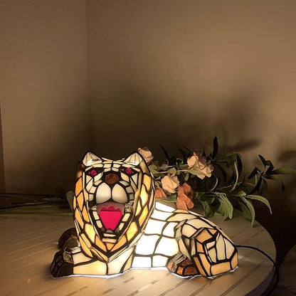 Bieye L10828 Roaring Lion Table Lamp Tiffany Style Stained Glass Accent Night Light for Children's Room Nursery Home Décor
