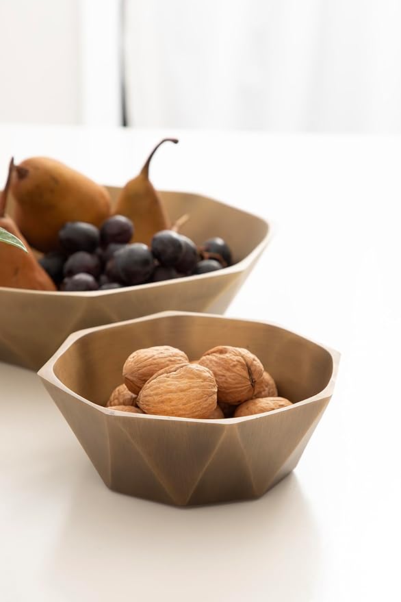 Kate and Laurel Octave Decorative Faceted Metal Bowls, Set of 2, Antique Brass, Cast Aluminum Food-Safe Fruit Bowls for Kitchen Counter or Use as a Key Bowl Set for an Entryway Table