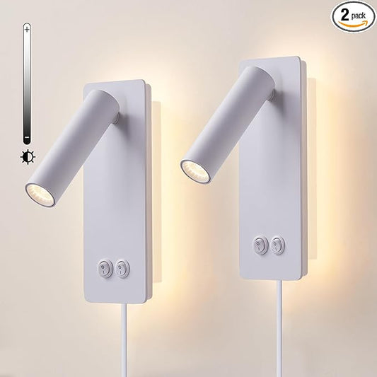 LED Reading Lights Wall Mounted, Plug in Wall Sconces Set of 2, Dimmable Bed Lights for Headboard, Hardwire Wall Lamps for Bedroom, Light for Bedside Hanging for Wall (White)