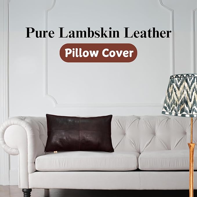 100% Lambskin Leather Pillow Cover - Sofa Cushion Case - Decorative Throw Covers for Living Room & Bedroom, 12x20 Inch - Dark Brown Crunch Plain Pack of 1