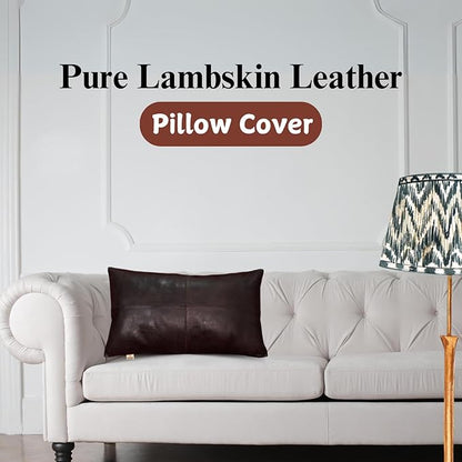 100% Lambskin Leather Pillow Cover - Sofa Cushion Case - Decorative Throw Covers for Living Room & Bedroom, 22x30 Inch - Dark Brown Crunch Plain Pack of 2