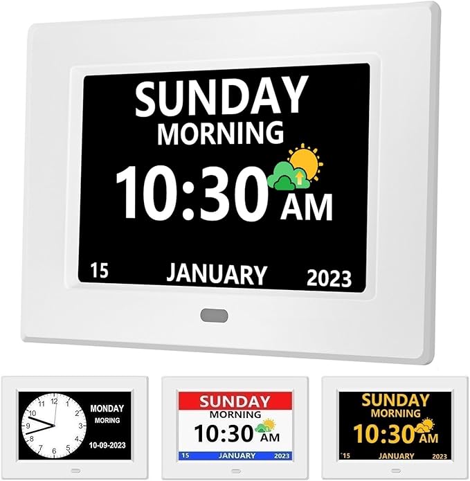 7 Inch Clock with Day and Date for Elderly Large Display Digital Clocks 12 Alarm 3 Display Modes Large Font Alzheimer's Clock Alarm Clocks for Seniors Auto DST White