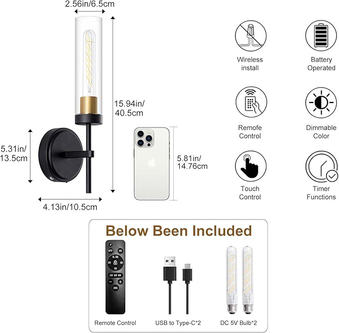 Wall Sconces,Battery Operated Wall Sconce 8000mAh Black Fast Chargin Endurance 100 Hours Infinitely Dimmable 2 Color Temperature Bulbs with Remote Control Wireless Wall Lights for Bedroom Living