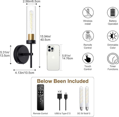 Wall Sconces,Battery Operated Wall Sconce 8000mAh Black Fast Chargin Endurance 100 Hours Infinitely Dimmable 2 Color Temperature Bulbs with Remote Control Wireless Wall Lights for Bedroom Living